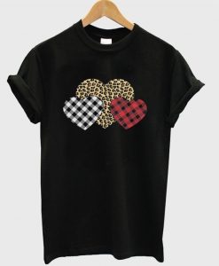 Three Hearts Leopard Buffalo Plaids Valentine's Day T-shirt