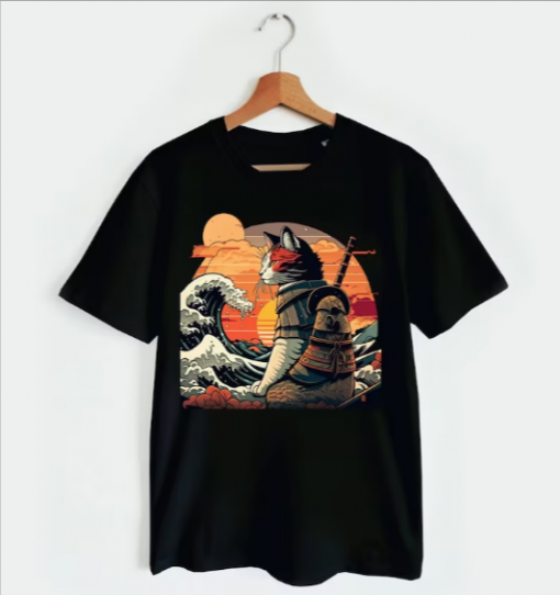 Retro samurai Cat With Wave T-shirt AL